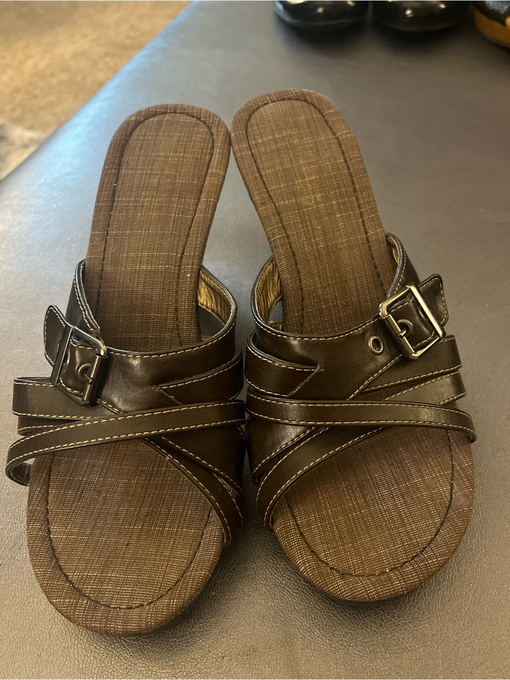 Women's Brown Slide Mules with Buckle Accent
